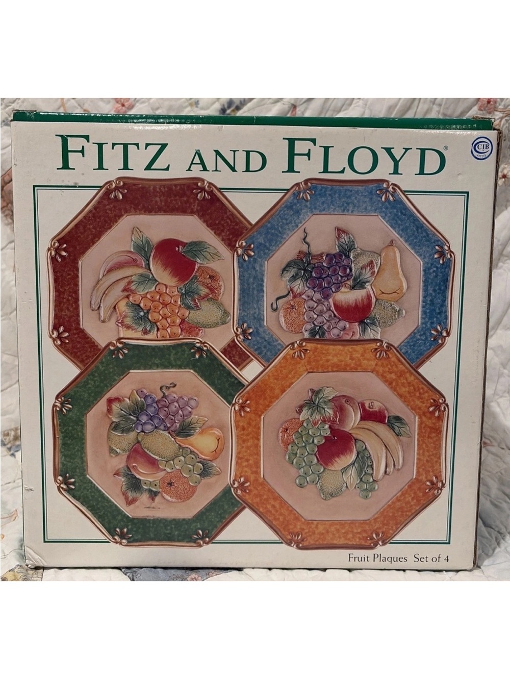 Vtg Fitz and Floyd Fruits & Veggies Octagonal Ceramic Wall Plaques Set of 4 Box
